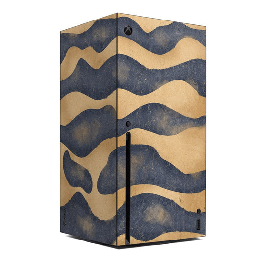 Xbox Series X console skin with blue and tan wavy camouflage pattern
