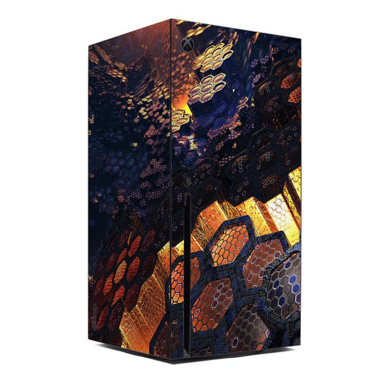 Xbox Series X console skin with dark blue, orange, and gold hex and circuit graphics
