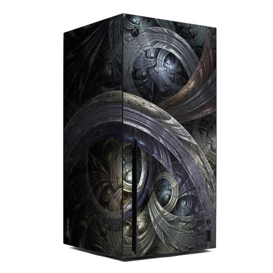 Xbox Series X console skin with dark swirling concentric ring design, metallic gray details