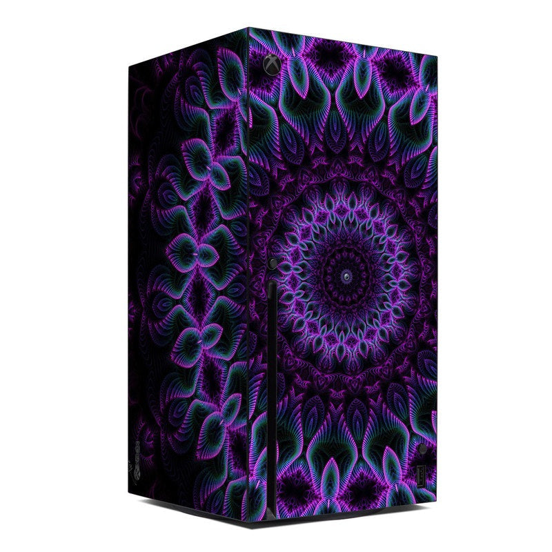 Xbox Series X console skin with purple and teal abstract floral fractal pattern