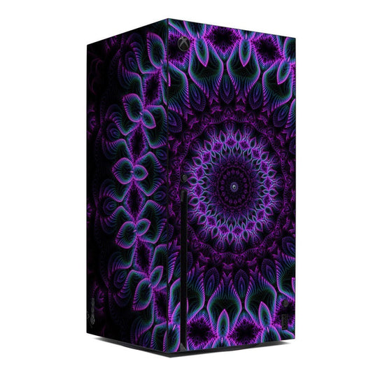 Xbox Series X console skin with purple and teal abstract floral fractal pattern