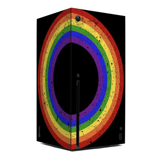 Xbox Series X console skin with colorful rainbow target ring graphic