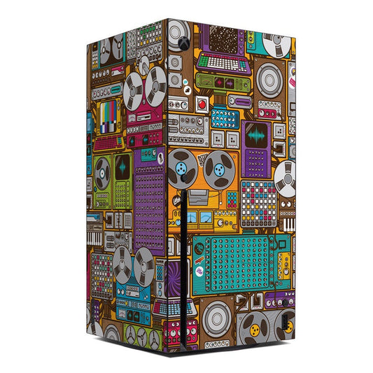 Xbox Series X skin with colorful pixel-style computer icons and circuit patterns