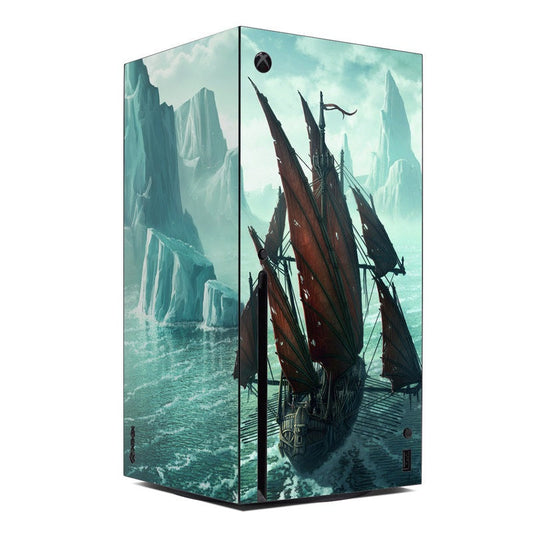 Xbox Series X console skin with teal icy mountain and tall ship artwork