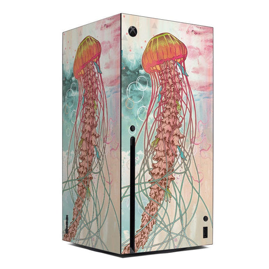 Xbox Series X skin with pink jellyfish and teal tentacles graphic