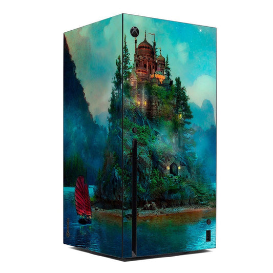 Xbox Series X console skin with teal castle and bridge artwork, front edge cutouts