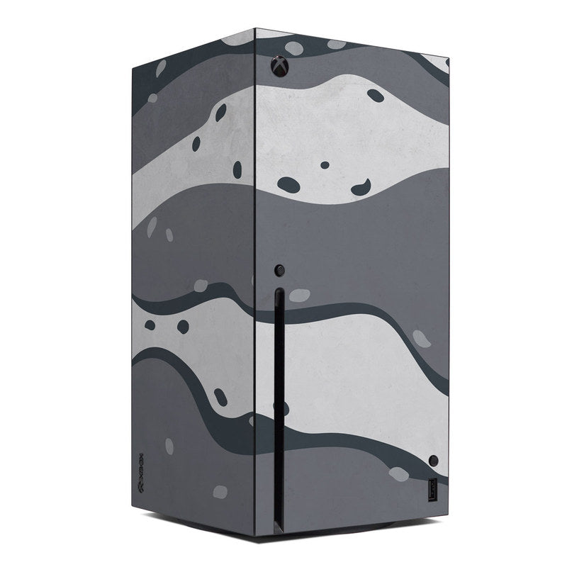 Xbox Series X console skin with dark and light gray abstract jet blast design