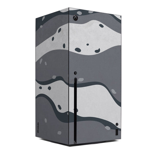 Xbox Series X console skin with dark and light gray abstract jet blast design