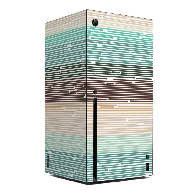 Xbox Series X console skin with green and tan geometric stripe pattern