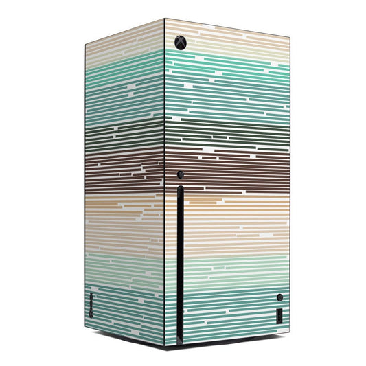 Xbox Series X console skin with green and tan geometric stripe pattern