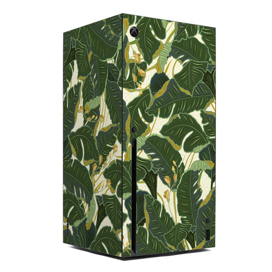 Xbox Series X skin with jungle leaf pattern in green and cream