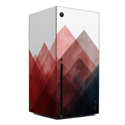 Xbox Series X skin decal with geometric mountain pattern in red, pink, and gray