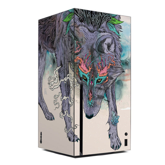 Microsoft Xbox Series X skin with wolf graphic, green leaves, and teal flame accents