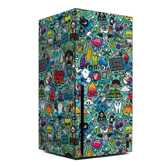 Xbox Series X console skin with colorful comic graffiti pattern