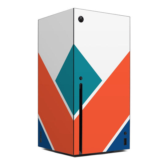 Xbox Series X console skin with orange, teal, and white geometric chevron design
