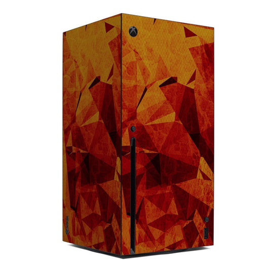 Xbox Series X console skin with geometric red and orange polygon pattern, with Xbox logo