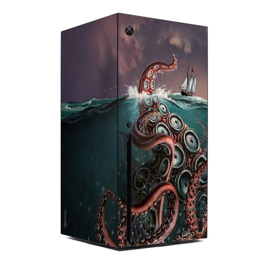 Octopus-themed Xbox Series X console skin with teal waves and ship illustration