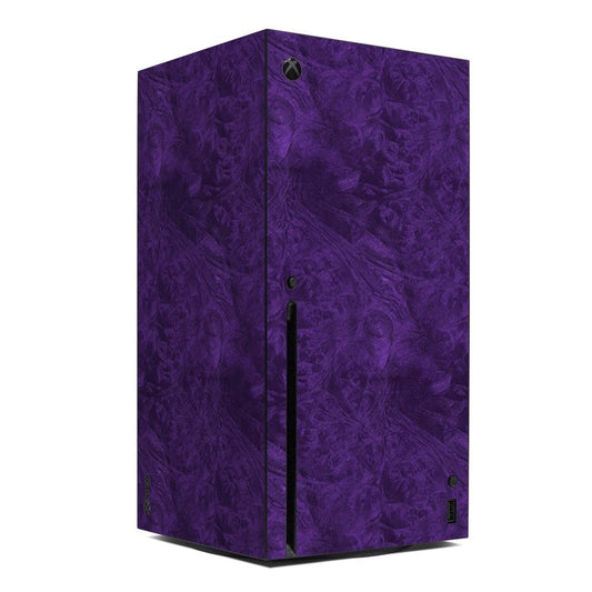 Purple lacquer Xbox Series X skin with marbled pattern and black vent cutouts