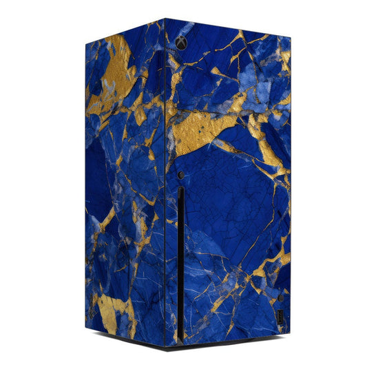 Xbox Series X console skin with blue and gold marble-like stone pattern