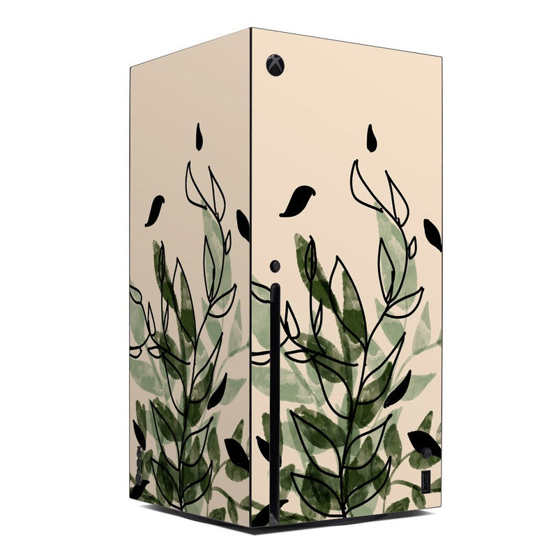 Xbox Series X console skin with green leaf illustration and centered Xbox logo