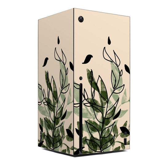 Xbox Series X console skin with green leaf illustration and centered Xbox logo