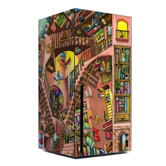 Xbox Series X console skin with colorful library bookcase collage full-wrap