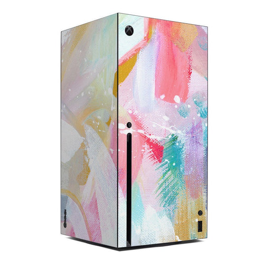 Xbox Series X console skin with colorful abstract spray art and Xbox logo cutout