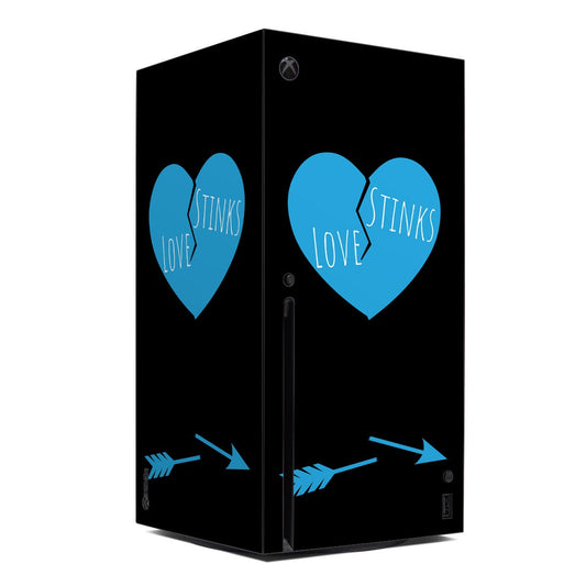 Xbox Series X skin in black with blue hearts, 'Stinks Love' text, and arrow graphics