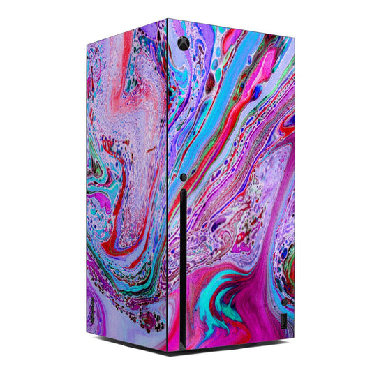 Xbox Series X console skin with colorful marbled purple, pink, and blue pattern