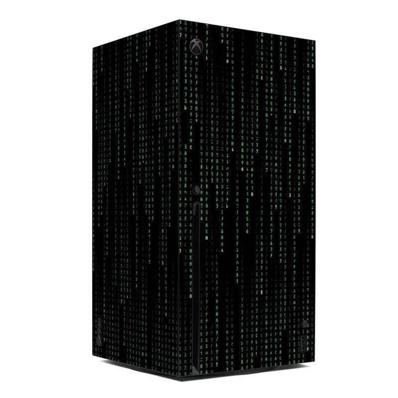 Xbox Series X skin decal with green matrix code pattern on black