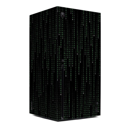 Xbox Series X skin decal with green matrix code pattern on black