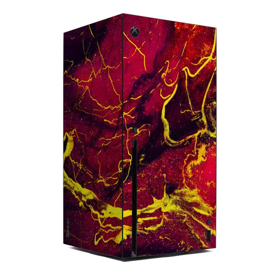 Xbox Series X console skin with abstract purple, red, and neon yellow marbled lightning design