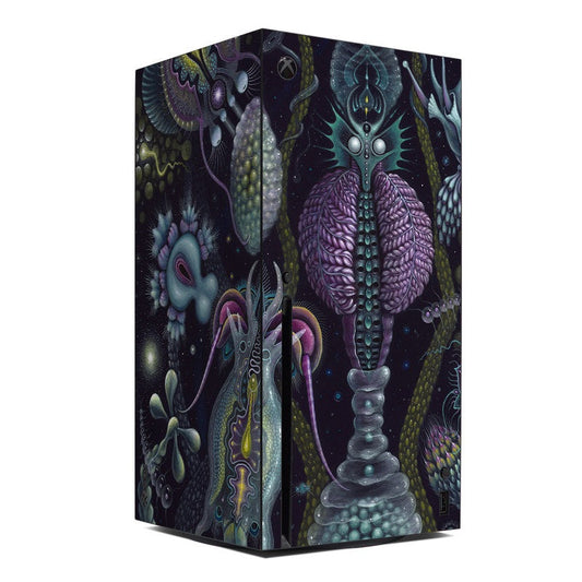 Xbox Series X skin with purple and teal fantasy creature artwork