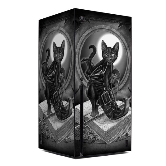Xbox Series X skin featuring two black cat figures in boots with dark fantasy art
