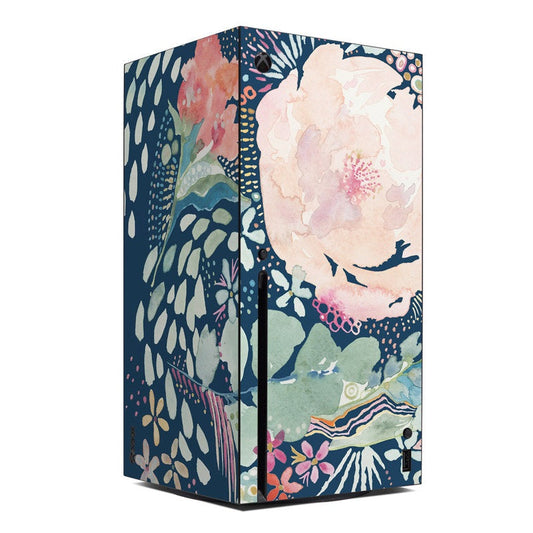 Xbox Series X console skin with blue floral bouquet artwork