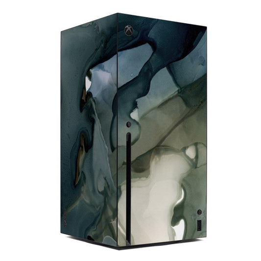 Xbox Series X console skin, dark blue abstract design with Xbox logo and cutout details