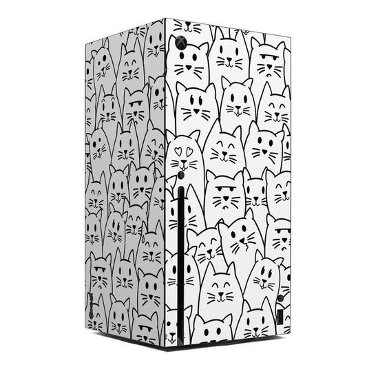 Xbox Series X console skin with doodle cat pattern, white base and black outlines
