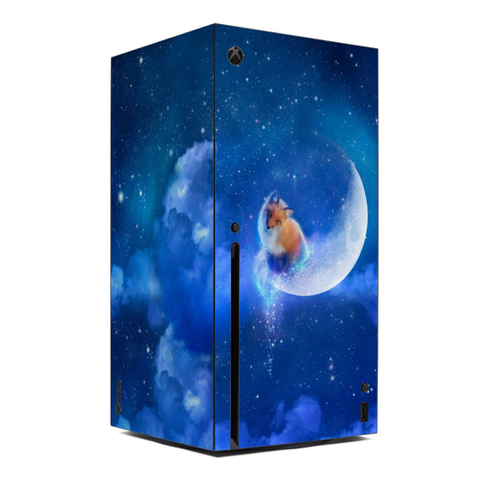 Blue space Xbox Series X skin with moon and small fox graphic