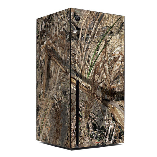 Xbox Series X console skin with camouflage duck-blind pattern, dark and tan