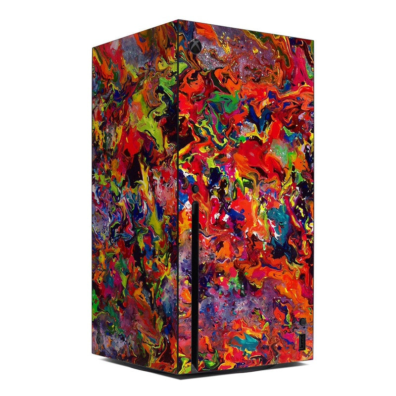 Xbox Series X skin with vibrant abstract multicolor splash pattern, full wrap