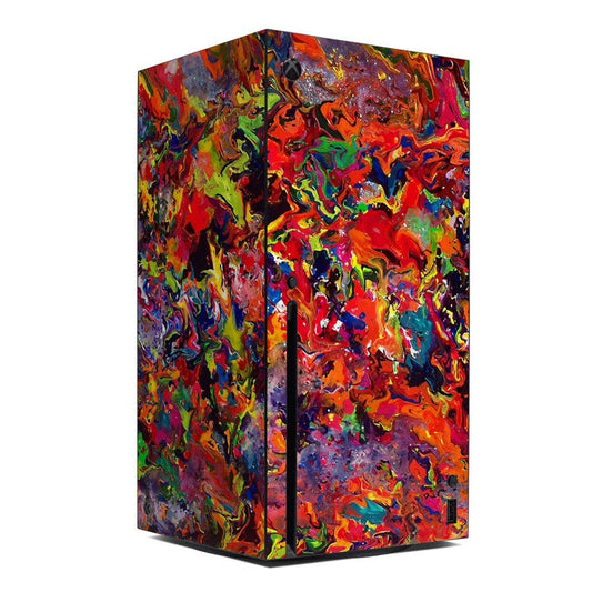 Xbox Series X skin with vibrant abstract multicolor splash pattern, full wrap