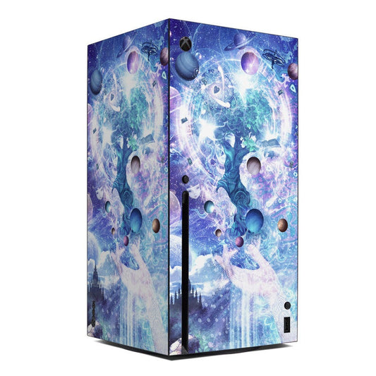 Xbox Series X skin with purple space artwork, planets and starry pattern, port cutouts