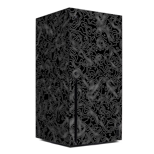 Xbox Series X skin, black with white topographic line pattern, vinyl wrap.