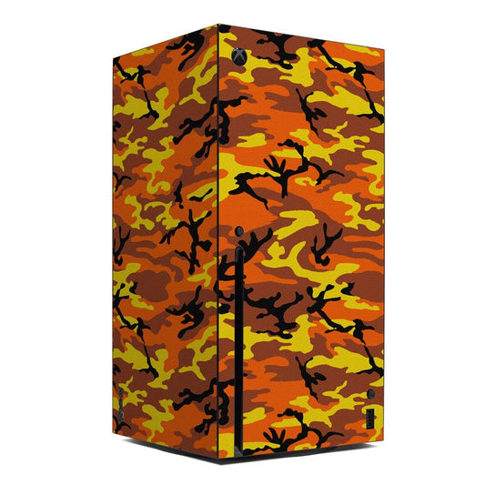 Orange camo Xbox Series X skin with Xbox logo, split front panels and corner seams