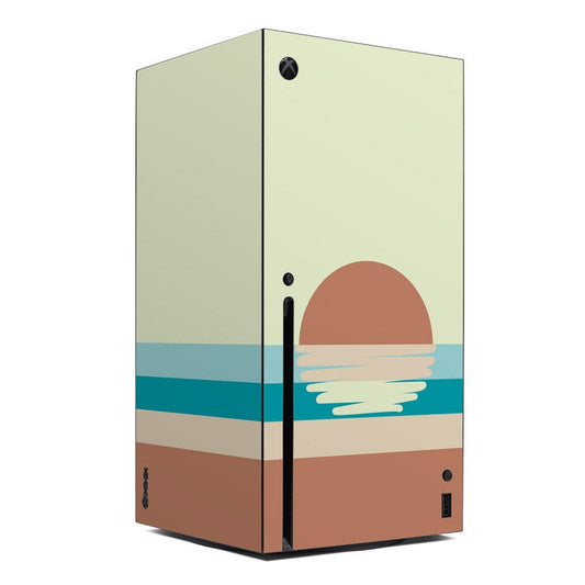 Xbox Series X console skin with ocean sunset design, sun over teal waves on green base