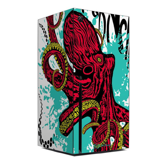 Xbox Series X console skin with red octopus illustration on teal and black background