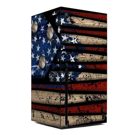 Xbox Series X console skin with blue stars, baseball graphics, red stripes