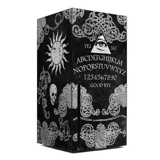 Xbox Series X console skin with black background and white occult lettering and symbols