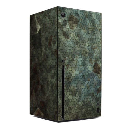 Xbox Series X console skin, green/teal hex scale pattern