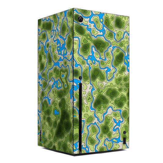 Overlander Xbox Series X console skin with green and blue topographic map pattern